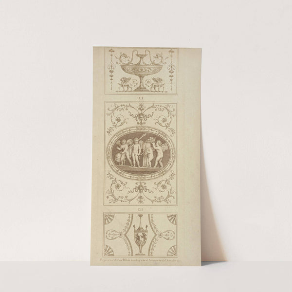 Central design of four cherubs with basket of apples, shrouds, and torch. by Michael Angelo Pergolesi