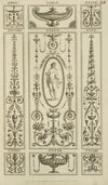 Central design of nude woman with drape holding small vase.