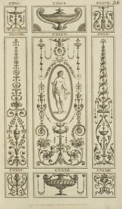 Central design of nude woman with drape holding small vase.