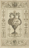 Central design of urn with design of cherub driving horse-drawn chariot.