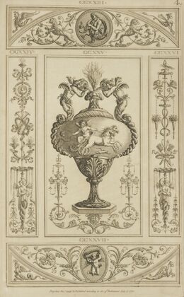 Central design of urn with design of cherub driving horse-drawn chariot.