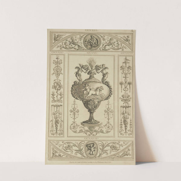 Central design of urn with design of cherub driving horse-drawn chariot. by Michael Angelo Pergolesi