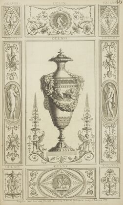 Central design of urn with designs of lions and garlands.