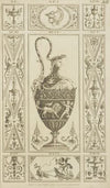 Central design of urn with scene of cherubs and lion, lion head on handle, man’s head on lid.