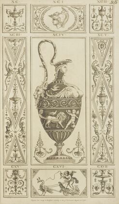Central design of urn with scene of cherubs and lion, lion head on handle, man’s head on lid.