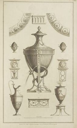 Central design of urn with snake curled around base.