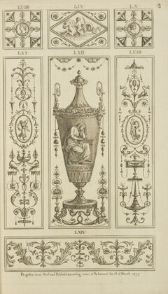 Central design of urn with weeping woman.