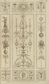 Central ornamental design with birds, leaves, and face.
