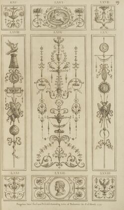 Central ornamental design with birds, leaves, and face.