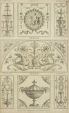Central tympanum-shaped design with two swans and a woman’s face.