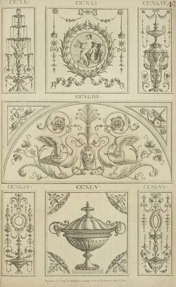 Central tympanum-shaped design with two swans and a woman’s face.