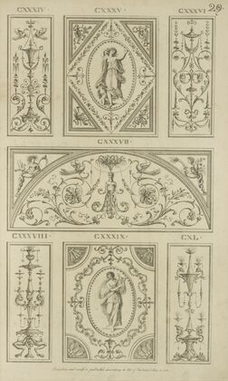 Central tympanum-shaped design with woman’s torso and curling vegetal shapes.