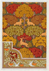 Cerfs et arbres, papier peint. Écureuil oiseaux et sorbier, bordure.