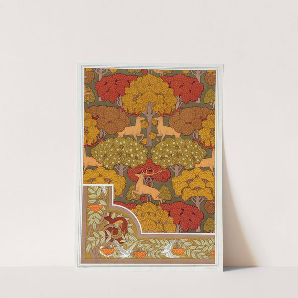 Cerfs et arbres, papier peint. Écureuil oiseaux et sorbier, bordure. by Maurice Pillard Verneuil