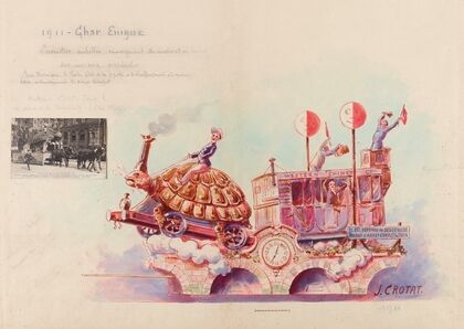 Char Enigme, 1911. La locomotive emballée remorquant du matériel en ruine sur une voie accidentée (1911)