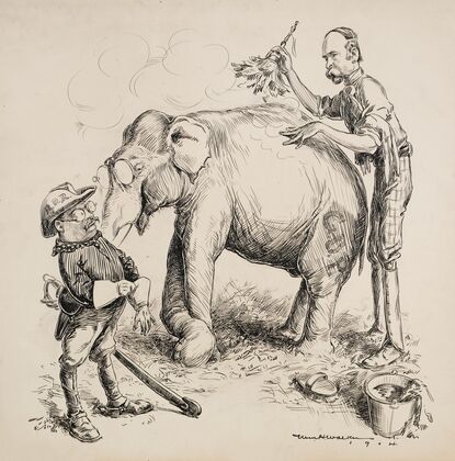 Charles Fairbanks washes the Republican Party elephant for Theodore Roosevelt, who prepares to ride it (1904)