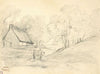 Chaumière dans un paysage arboré avec un homme dans une charrette