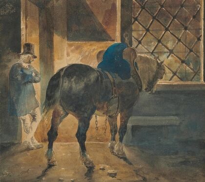 Cheval de trait Ã  l’Ã©curie