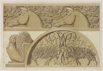 Chevaux, frise en pierre. Coq, amortissement. Boucs, tympan en pierre sculptée.