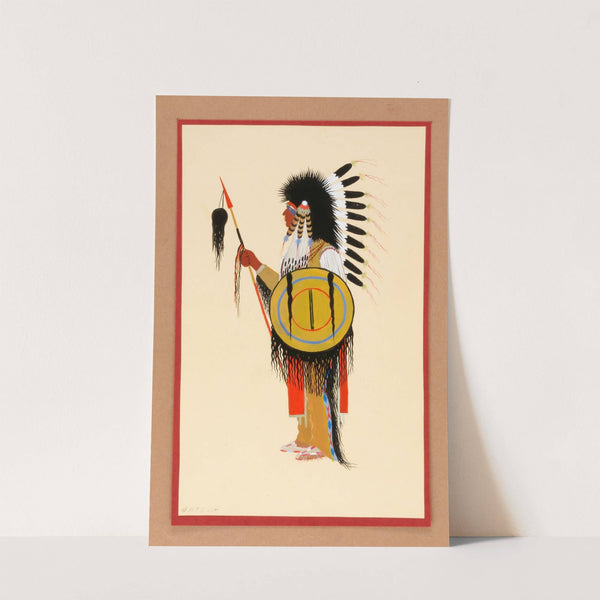 Cheyenne Warrior in Feather Headdress with Shield by Monroe Tsatoke