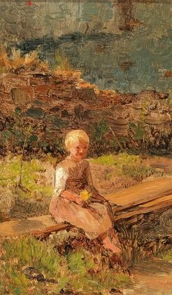 Child Sitting on a Wooden Walkway
