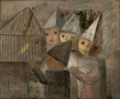 Children in front of a cage with a canary