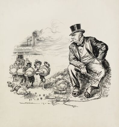 Children in rags, carry bags of dividends from a southern cotton mill to a rich man sitting on a pile of money (1902)