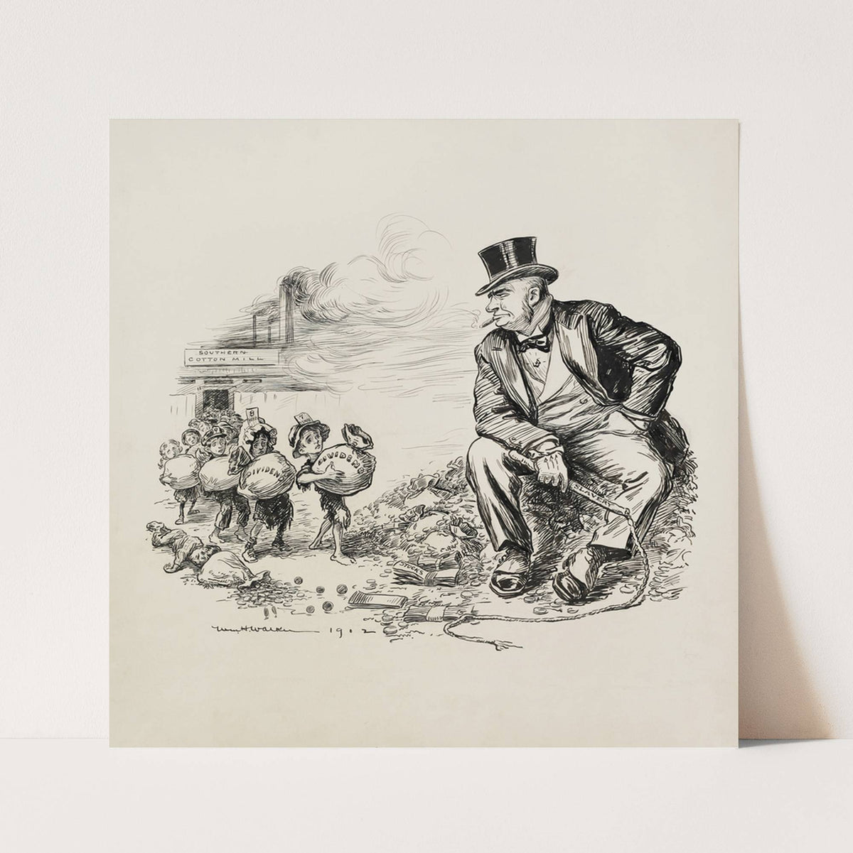 Children in rags, carry bags of dividends from a southern cotton mill to a rich man sitting on a pile of money (1902) by William Henry Walker