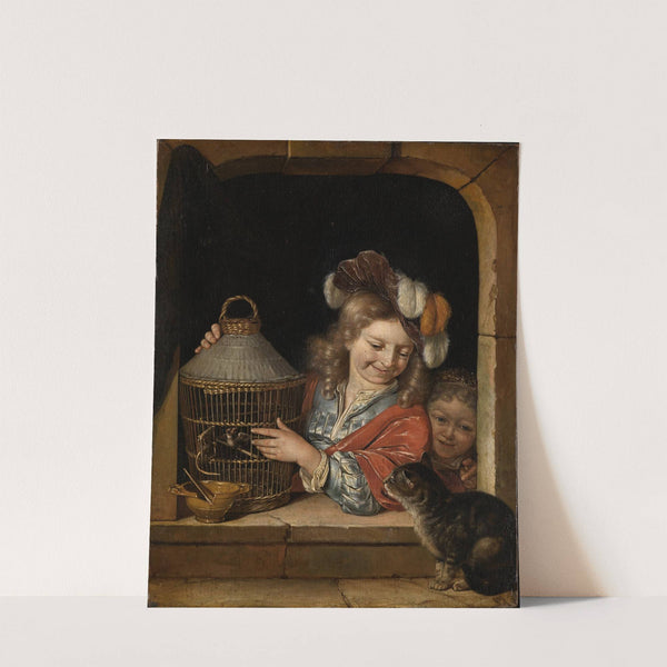 Children with birdcage and cat (1675-1679) by Eglon van der Neer