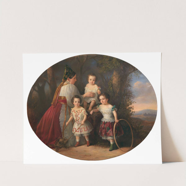 Children with their nanny in a Russian costume, with a vast landscape in the background by Russian School