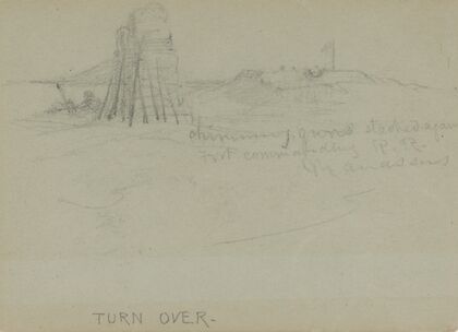 Chimney, guns stacked again[st] [and] fort commanding R.R., Manassas