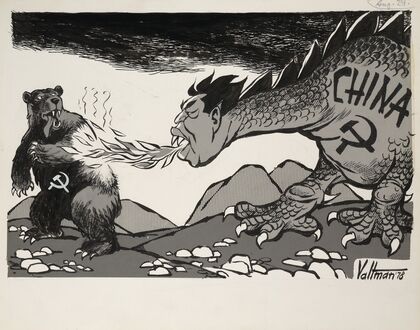 Chinese dragon breathing fire on Soviet bear