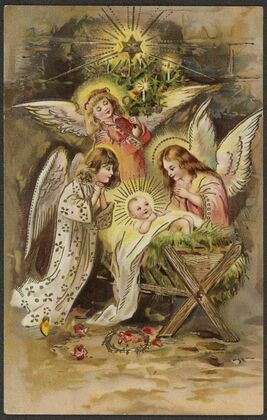 Christmas card with angels and baby Jesus in the manger