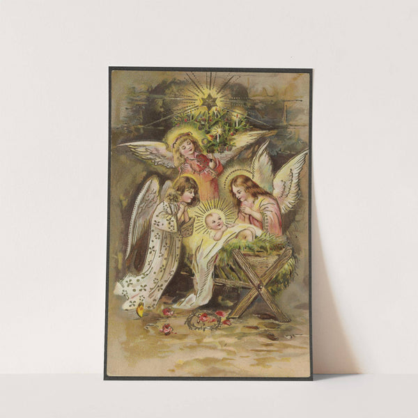 Christmas card with angels and baby Jesus in the manger by E. A. Schwerdtfeger