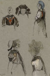 Cinq études de costumes féminins (profil et face)