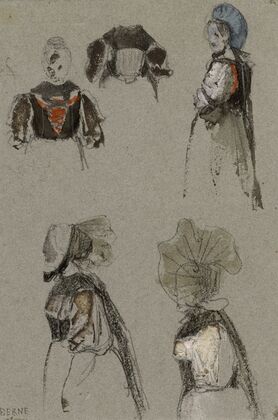 Cinq études de costumes féminins (profil et face)