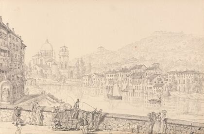City of Verona and Church of San Giorgia looking to the left on the Bridge