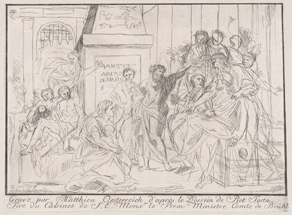 Classical scene of figures gathered around an orator at right (1752)