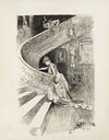 A woman in a gown begins to climb a staircase in a dark room (1893)