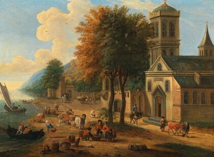Coastal landscape with fishermen unloading their catch