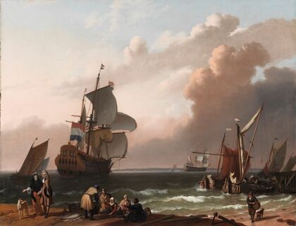 Coastal Scene with a Man-of-War and other Vessels