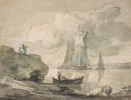 Coastal Scene with Shipping, Figures, and Cows