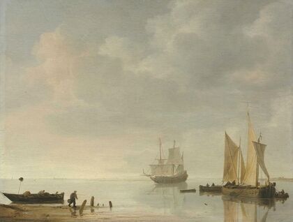 Coastal Scene With Ships Resting On Calm Waters