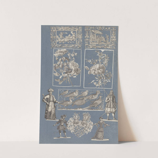 Collage of cut out prints pasted on blue paper Pl 02 by Anonymous