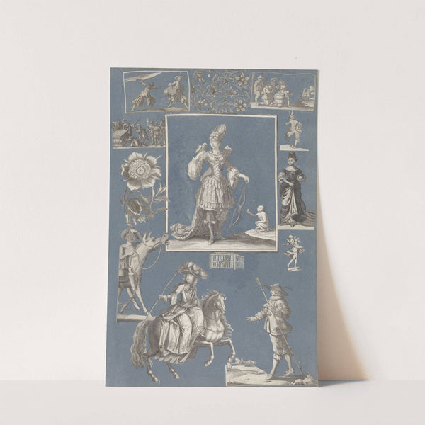Collage of cut out prints pasted on blue paper Pl 03 by Anonymous