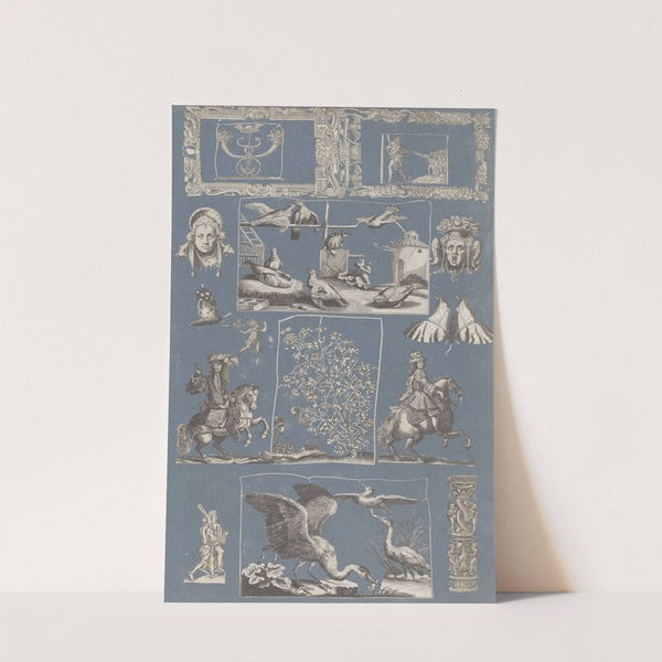 Collage of cut out prints pasted on blue paper Pl 07 by Anonymous