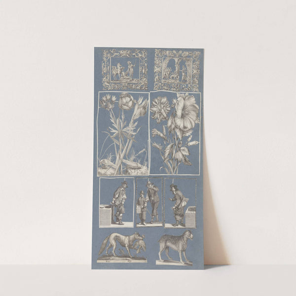 Collage of cut out prints pasted on blue paper Pl 08 by Anonymous