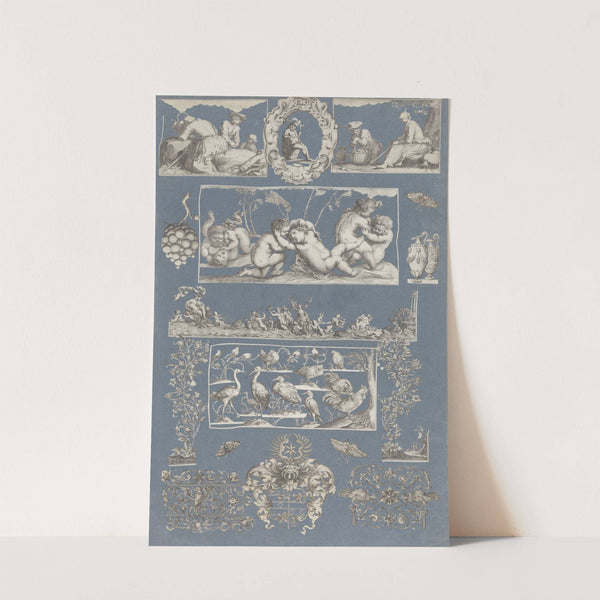 Collage of cut out prints pasted on blue paper Pl 10 by Anonymous