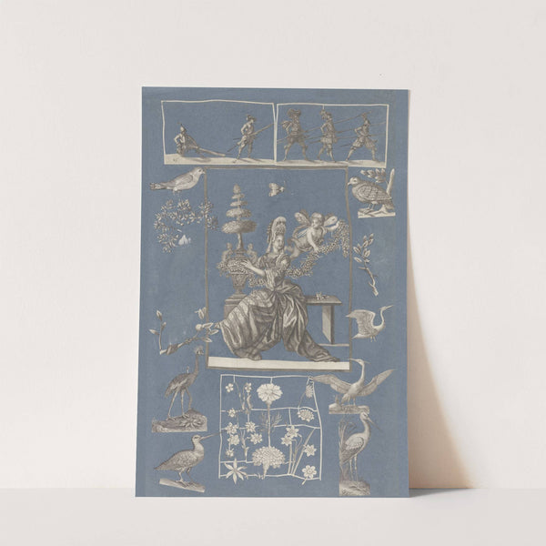 Collage of cut out prints pasted on blue paper Pl 17 by Anonymous