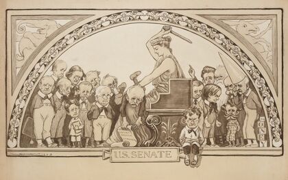 Columbia (a woman representing the United States) turns members of the U.S. Senate over her knee and spanks them. (1903) — size preview